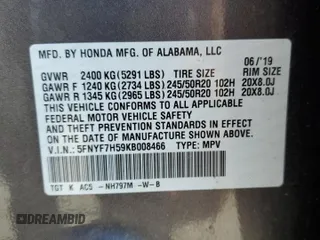 2019 Honda Passport EX-L with VIN 5FNYF7H59KB008466, listed as a Copart auction lot 74487804 with Not Provided miles and Non Repairable. Bid and sale history available at carsss.com. Image 14.
