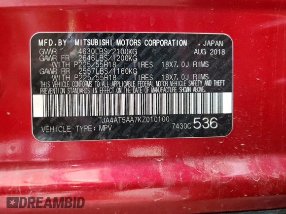 2019 Mitsubishi Eclipse Cross SE with VIN JA4AT5AA7KZ010100, listed as a Copart auction lot 55175695 with 92,046 mi miles and Clean title. Bid and sale history available at DreamBid. Image 13.