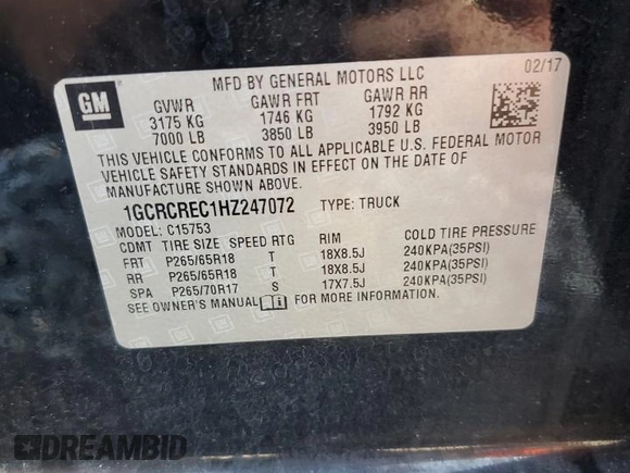 2017 Chevrolet Silverado 1500 LT with VIN 1GCRCREC1HZ247072, listed as a Copart auction lot 53826945 with 266,164 mi miles and Salvage Title. Bid and sale history available at DreamBid. Image 12.