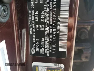 2015 Kia Optima EX with VIN 5XXGN4A79FG409057, listed as a Copart auction lot 62094465 with 123,346 mi miles and Salvage title. Bid and sale history available at DreamBid. Image 12.