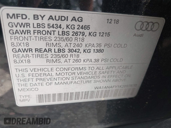 2019 Audi Q5 Premium with VIN WA1ANAFY1K2037570, listed as a IAAI auction lot 42126417 with 110,157 mi miles and . Bid and sale history available at DreamBid. Image 9.