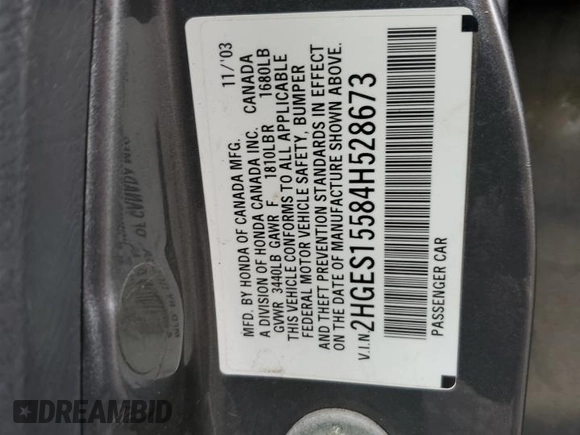 2004 Honda Civic LX with VIN 2HGES15584H528673, listed as a Copart auction lot 88170385 with 218,156 mi miles and Salvage Title. Bid and sale history available at DreamBid. Image 13.