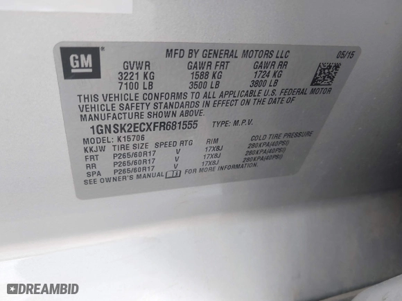 2015 Chevrolet Tahoe Commercial with VIN 1GNSK2ECXFR681555, listed as a IAAI auction lot 41975359 with 126,785 mi miles. Bid and sale history available at carsss.com. Image 9.