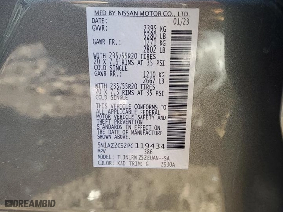 2023 Nissan Murano SL with VIN 5N1AZ2CS2PC119434, listed as a Copart auction lot 45043915 with 16,820 mi miles and Salvage Title. Bid and sale history available at carsss.com. Image 15.