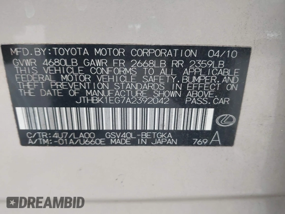 2010 Lexus ES with VIN JTHBK1EG7A2392042, listed as a IAAI auction lot 42029971 with 146,457 mi miles and . Bid and sale history available at carsss.com. Image 9.