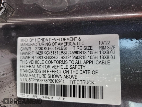 2023 Honda Ridgeline RTL-E with VIN 5FPYK3F78PB010961, listed as a Copart auction lot 51458635 with 33,508 mi miles and Salvage title. Bid and sale history available at DreamBid. Image 12.