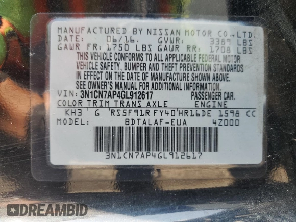 2016 Nissan Versa S with VIN 3N1CN7AP4GL912617, listed as a Copart auction lot 59045795 with 149,733 mi miles and Salvage title. Bid and sale history available at DreamBid. Image 12.