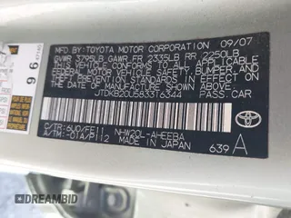2008 Toyota Prius with VIN JTDKB20U583316344, listed as a IAAI auction lot 42165977 with 192,818 mi miles. Bid and sale history available at carsss.com. Image 9.