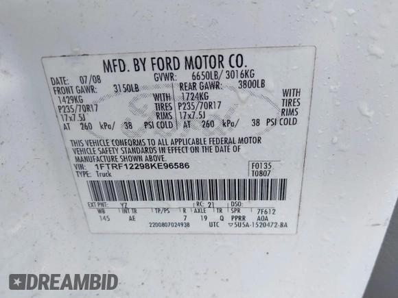 2008 Ford F-150 XL with VIN 1FTRF12298KE96586, listed as a IAAI auction lot 42525709 with 265,742 mi miles and . Bid and sale history available at DreamBid. Image 9.