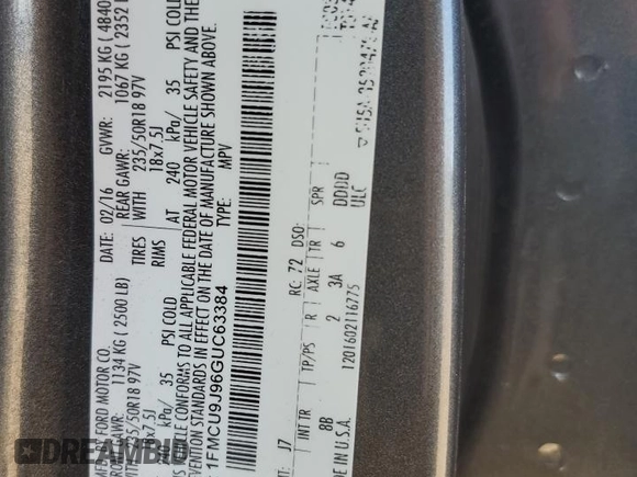 2016 Ford Escape Titanium with VIN 1FMCU9J96GUC63384, listed as a Copart auction lot 52255725 with 136,869 mi miles and Salvage Title. Bid and sale history available at carsss.com. Image 14.