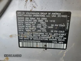 2022 Volkswagen Atlas SE with VIN 1V2LP2CAXNC564655, listed as a Copart auction lot 87390464 with 74,201 mi miles and Salvage title. Bid and sale history available at DreamBid. Image 13.