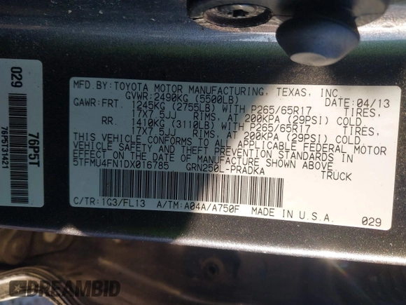 2013 Toyota Tacoma with VIN 5TFMU4FN1DX016785, listed as a IAAI auction lot 41364476 with 1 mi miles. Bid and sale history available at carsss.com. Image 9.