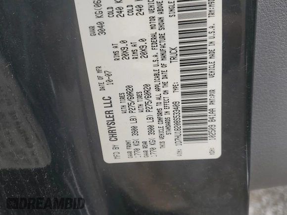2008 Dodge 1500 SLT with VIN 1D7HU18208S533409, listed as a Copart auction lot 51119005 with 207,485 mi miles and Non Repairable. Bid and sale history available at DreamBid. Image 12.