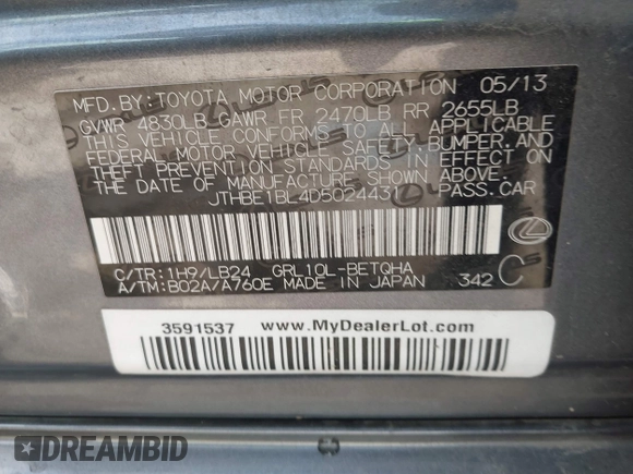 2013 Lexus GS 350 z VIN JTHBE1BL4D5024431, wystawiony jako IAAI lot #42039343 z przebiegiem 129 731 mil mil oraz . Historia ofert i sprzedaży dostępna na DreamBid. Obrazek 9.