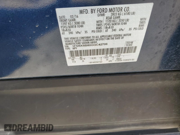 2016 Ford Explorer with VIN 1FM5K8B80GGC42706, listed as a Copart auction lot 87605795 with 85,249 mi miles and Salvage title. Bid and sale history available at DreamBid. Image 15.