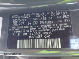 2024 Hyundai Elantra SE with VIN KMHLL4DG4RU708059, listed as a IAAI auction lot 41490571 with 19,466 mi miles and . Bid and sale history available at DreamBid. Image 9.