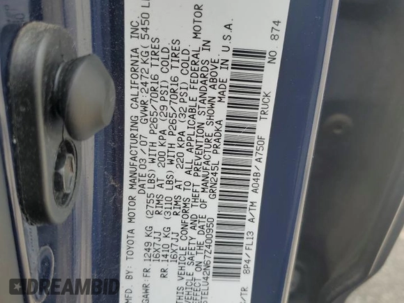 2007 Toyota Tacoma z VIN 5TELU42N67Z400950, wystawiony jako Copart lot #56432815 z przebiegiem 59 207 mil mil oraz Szkoda całkowita • Salvage title. Historia ofert i sprzedaży dostępna na DreamBid. Obrazek 12.