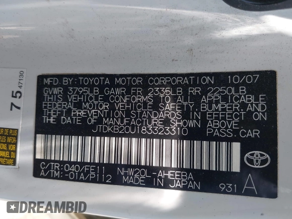 2008 Toyota Prius z VIN JTDKB20U183323310, wystawiony jako IAAI lot #42433329 z przebiegiem 140 100 mil mil oraz . Historia ofert i sprzedaży dostępna na DreamBid. Obrazek 9.