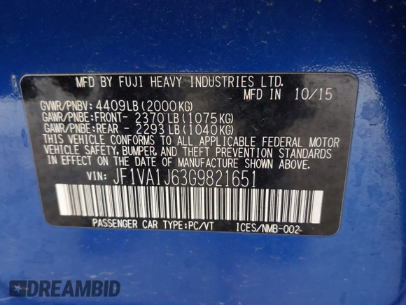 2016 Subaru WRX Limited with VIN JF1VA1J63G9821651, listed as a IAAI auction lot 41711389 with 84,822 mi miles and . Bid and sale history available at carsss.com. Image 9.