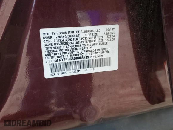 2013 Honda Pilot EX-L with VIN 5FNYF4H55DB006389, listed as a Copart auction lot 59683325 with 181,803 mi miles and Salvage title. Bid and sale history available at DreamBid. Image 13.