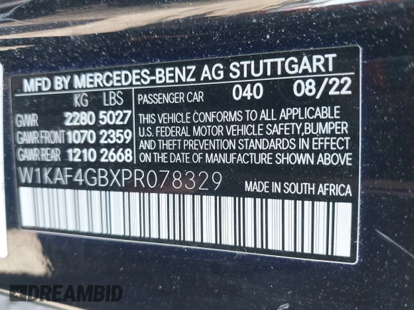 2023 Mercedes-Benz C 300 with VIN W1KAF4GBXPR078329, listed as a IAAI auction lot 41784170 with 42,332 mi miles and . Bid and sale history available at DreamBid. Image 9.
