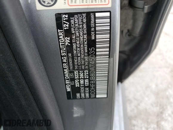 2013 Mercedes-Benz E 350 Luxury with VIN WDDHF8JB8DA745035, listed as a Copart auction lot 55879875 with 94,444 mi miles and Salvage title. Bid and sale history available at DreamBid. Image 12.