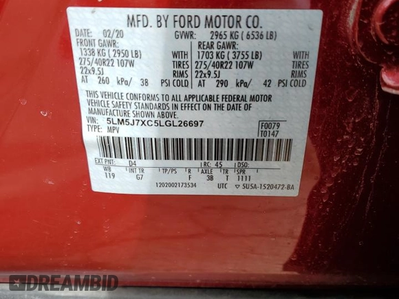 2020 Lincoln Aviator Reserve z VIN 5LM5J7XC5LGL26697, wystawiony jako Copart lot #57570355 z przebiegiem 64 692 mil mil oraz Czysty tytuł • Clean title. Historia ofert i sprzedaży dostępna na DreamBid. Obrazek 12.