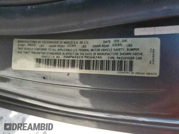 2007 Volkswagen Beetle with VIN 3VWPW31CX7M504745, listed as a Copart auction lot 48799535 with 128,267 mi miles and Salvage Title. Bid and sale history available at DreamBid. Image 12.