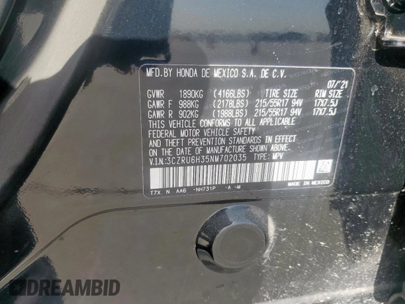 2022 Honda HR-V LX with VIN 3CZRU6H35NM702035, listed as a Copart auction lot 52125695 with Not Provided miles and Salvage Title. Bid and sale history available at carsss.com. Image 13.