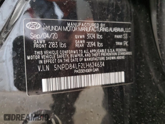2020 Hyundai Elantra SEL with VIN 5NPD84LF2LH624634, listed as a Copart auction lot 51915605 with 80,949 mi miles and Salvage Title. Bid and sale history available at DreamBid. Image 12.