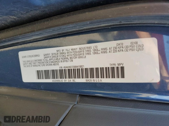 2008 Subaru Tribeca Limited z VIN 4S4WX97D984418821, wystawiony jako Copart lot #53115245 z przebiegiem 204 817 mil mil oraz Szkody całkowita. Historia ofert i sprzedaży dostępna na DreamBid. Obrazek 13.