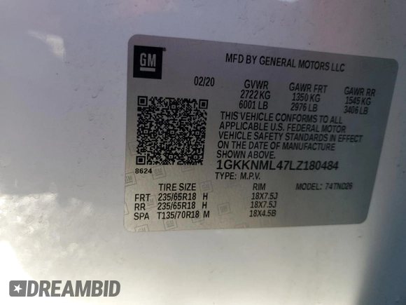2020 GMC Acadia SLT with VIN 1GKKNML47LZ180484, listed as a Copart auction lot 86711264 with 54,643 mi miles and Salvage Title. Bid and sale history available at DreamBid. Image 14.