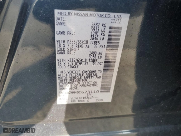 2013 Nissan Pathfinder SL with VIN 5N1AR2MM4DC623110, listed as a Copart auction lot 79173644 with 122,724 mi miles and Non Repairable. Bid and sale history available at carsss.com. Image 13.