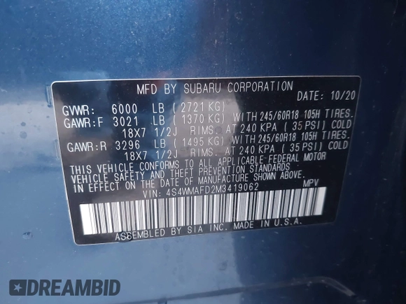 2021 Subaru Ascent Premium with VIN 4S4WMAFD2M3419062, listed as a IAAI auction lot 42433709 with 58,493 mi miles and . Bid and sale history available at DreamBid. Image 9.
