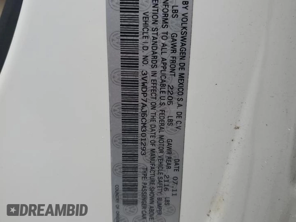 2012 Volkswagen Jetta SE with VIN 3VWDP7AJ5CM301293, listed as a Copart auction lot 57131005 with 93,898 mi miles and Salvage title. Bid and sale history available at DreamBid. Image 12.