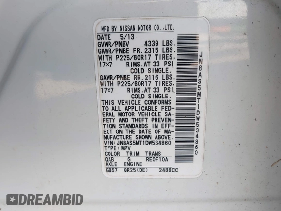 2013 Nissan Rogue S with VIN JN8AS5MT1DW534860, listed as a IAAI auction lot 41757072 with 206,778 mi miles. Bid and sale history available at carsss.com. Image 9.