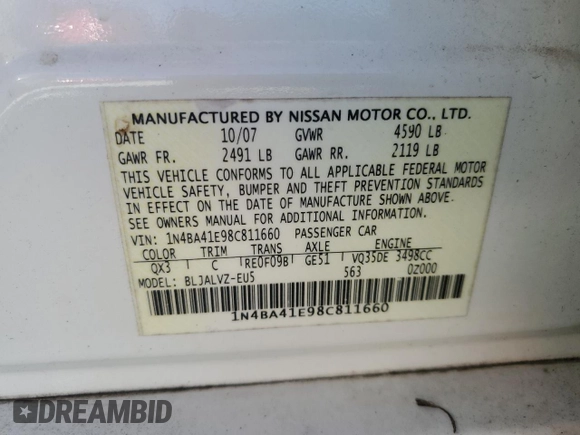 2008 Nissan Maxima 3.5 SE with VIN 1N4BA41E98C811660, listed as a Copart auction lot 78154964 with 154,772 mi miles and Salvage Title. Bid and sale history available at carsss.com. Image 13.