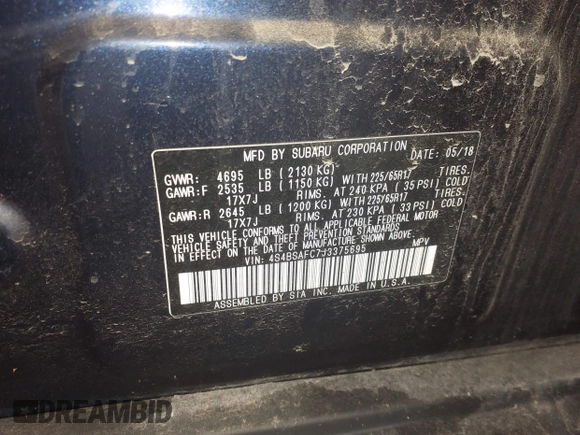 2018 Subaru Outback Premium with VIN 4S4BSAFC7J3375695, listed as a IAAI auction lot 41755172 with 99,458 mi miles and . Bid and sale history available at DreamBid. Image 9.