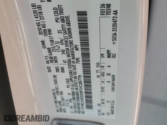 2015 Ford Escape SE with VIN 1FMCU0GX9FUC26779, listed as a Copart auction lot 52772325 with 135,121 mi miles and Salvage Title. Bid and sale history available at DreamBid. Image 13.