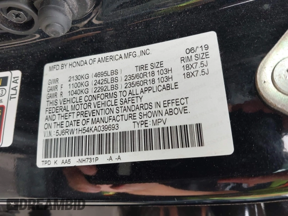 2019 Honda CR-V EX with VIN 5J6RW1H54KA039693, listed as a IAAI auction lot 41827425 with 100,371 mi miles. Bid and sale history available at carsss.com. Image 9.