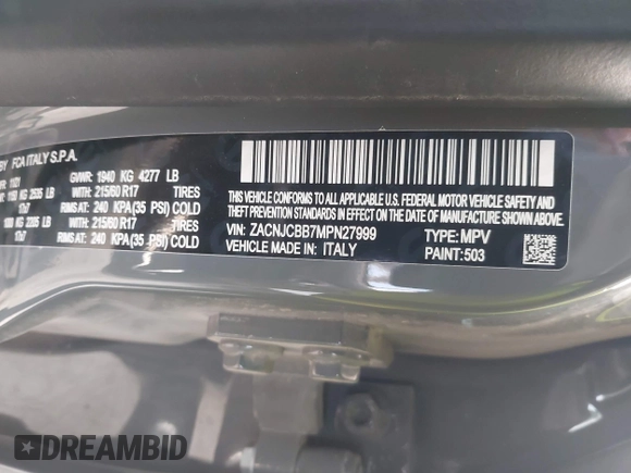2021 Jeep Renegade Latitude with VIN ZACNJCBB7MPN27999, listed as a IAAI auction lot 42149700 with 32,566 mi miles and . Bid and sale history available at DreamBid. Image 9.