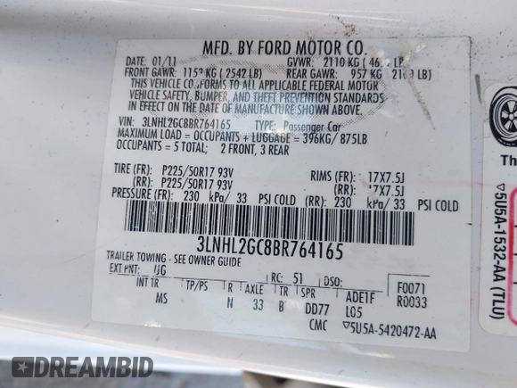 2011 Lincoln MKZ with VIN 3LNHL2GC8BR764165, listed as a IAAI auction lot 42131969 with 92,551 mi miles and . Bid and sale history available at DreamBid. Image 9.