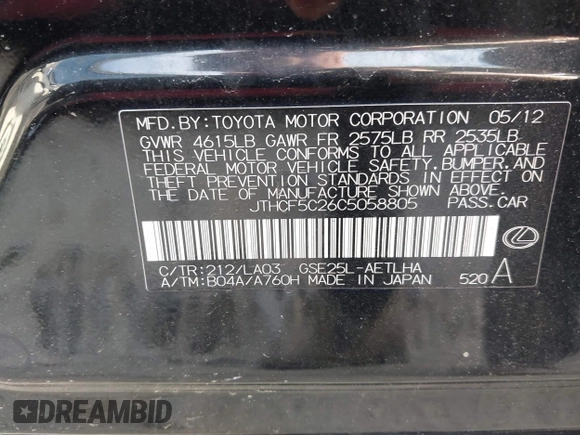 2012 Lexus IS 250 with VIN JTHCF5C26C5058805, listed as a IAAI auction lot 42079471 with 121,647 mi miles and . Bid and sale history available at DreamBid. Image 9.