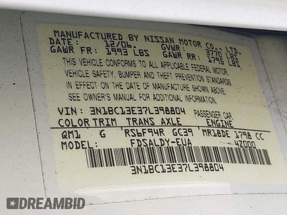 2007 Nissan Versa SL z VIN 3N1BC13E37L398804, wystawiony jako IAAI lot #42490240 z przebiegiem 185 597 mil mil oraz . Historia ofert i sprzedaży dostępna na DreamBid. Obrazek 9.