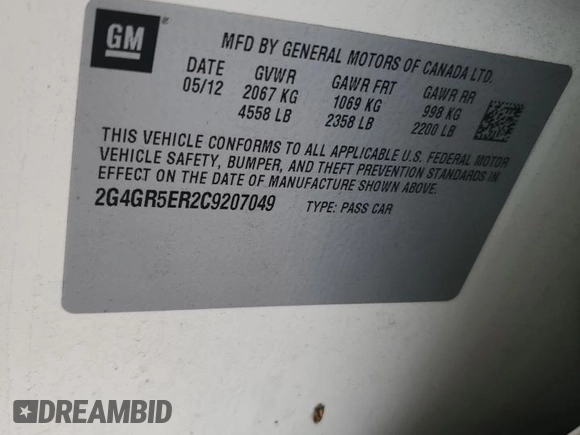 2012 Buick Regal with VIN 2G4GR5ER2C9207049, listed as a Copart auction lot 73685634 with 109,133 mi miles and Salvage Title. Bid and sale history available at carsss.com. Image 12.