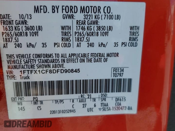 2013 Ford F-150 XL with VIN 1FTFX1CF8DFD90845, listed as a Copart auction lot 49657005 with 113,509 mi miles and Salvage Title. Bid and sale history available at carsss.com. Image 12.