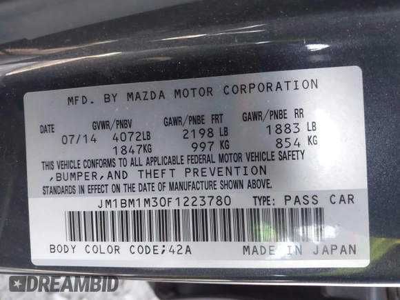 2015 Mazda 3 S Grand Touring with VIN JM1BM1M30F1223780, listed as a IAAI auction lot 41400820 with 67,776 mi miles and . Bid and sale history available at DreamBid. Image 9.