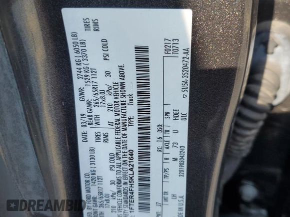 2019 Ford Ranger XL with VIN 1FTER4FH5KLA21640, listed as a Copart auction lot 62613985 with 27,964 mi miles and Salvage title. Bid and sale history available at DreamBid. Image 12.