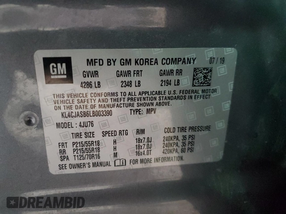2020 Buick Encore Preferred with VIN KL4CJASB6LB003390, listed as a Copart auction lot 85198444 with 24,012 mi miles and Salvage Title. Bid and sale history available at DreamBid. Image 14.
