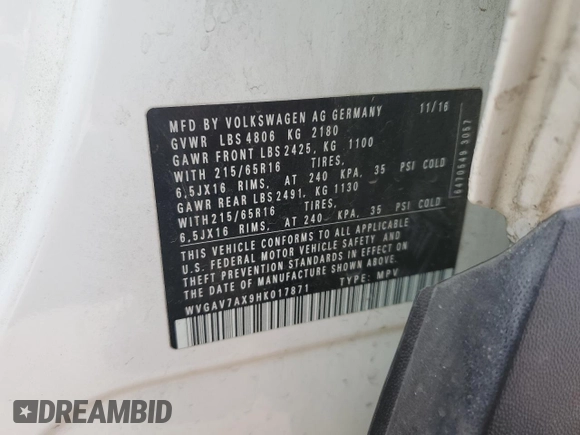 2017 Volkswagen Tiguan S with VIN WVGAV7AX9HK017871, listed as a Copart auction lot 48767785 with 49,608 mi miles and Salvage Title. Bid and sale history available at DreamBid. Image 14.